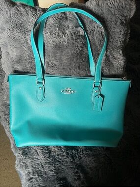 Coach Turquoise Leather Tote with Top Zip